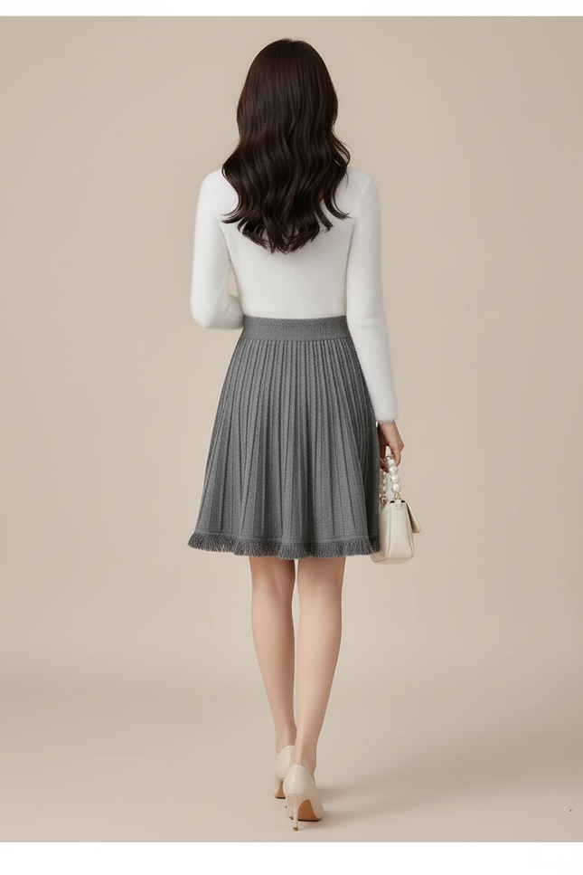 Jupe Patineuse Grise Plissée Chic Minimaliste