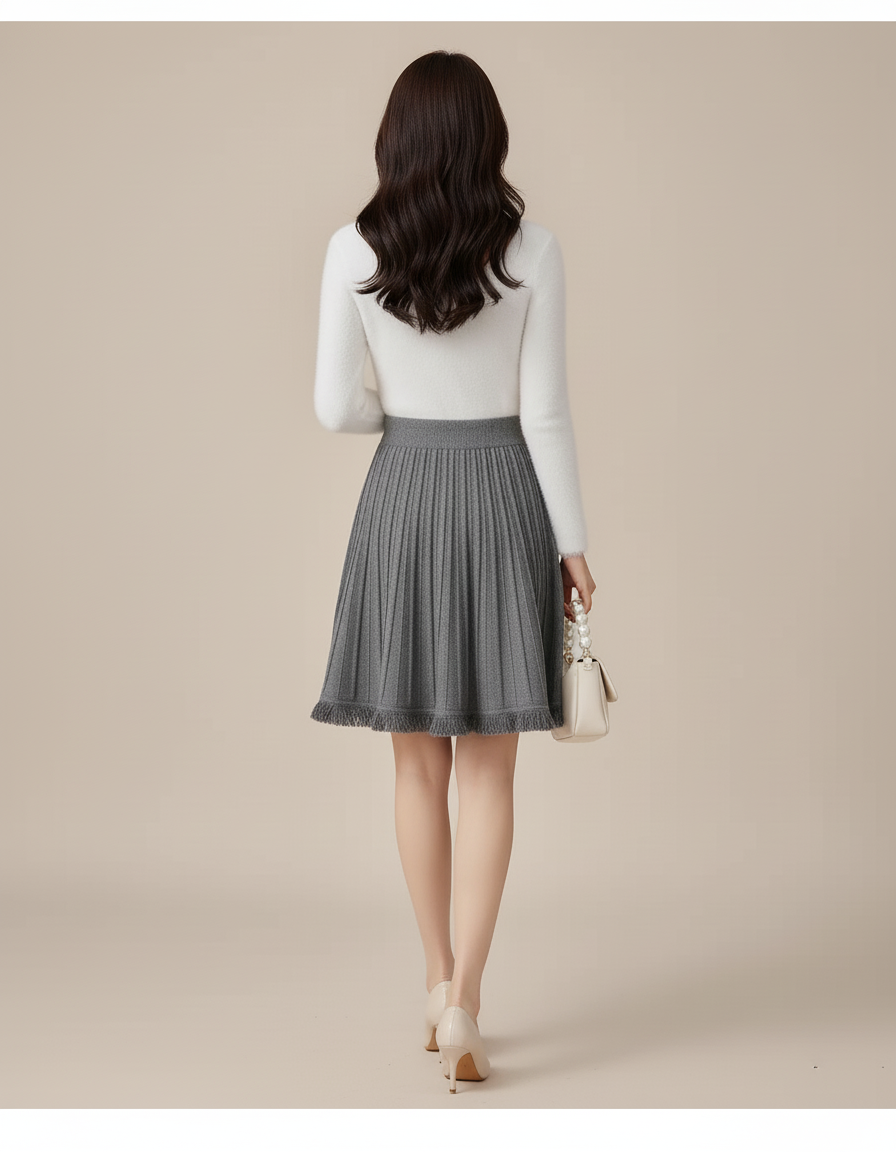 Jupe Patineuse Grise Plissée Chic Minimaliste