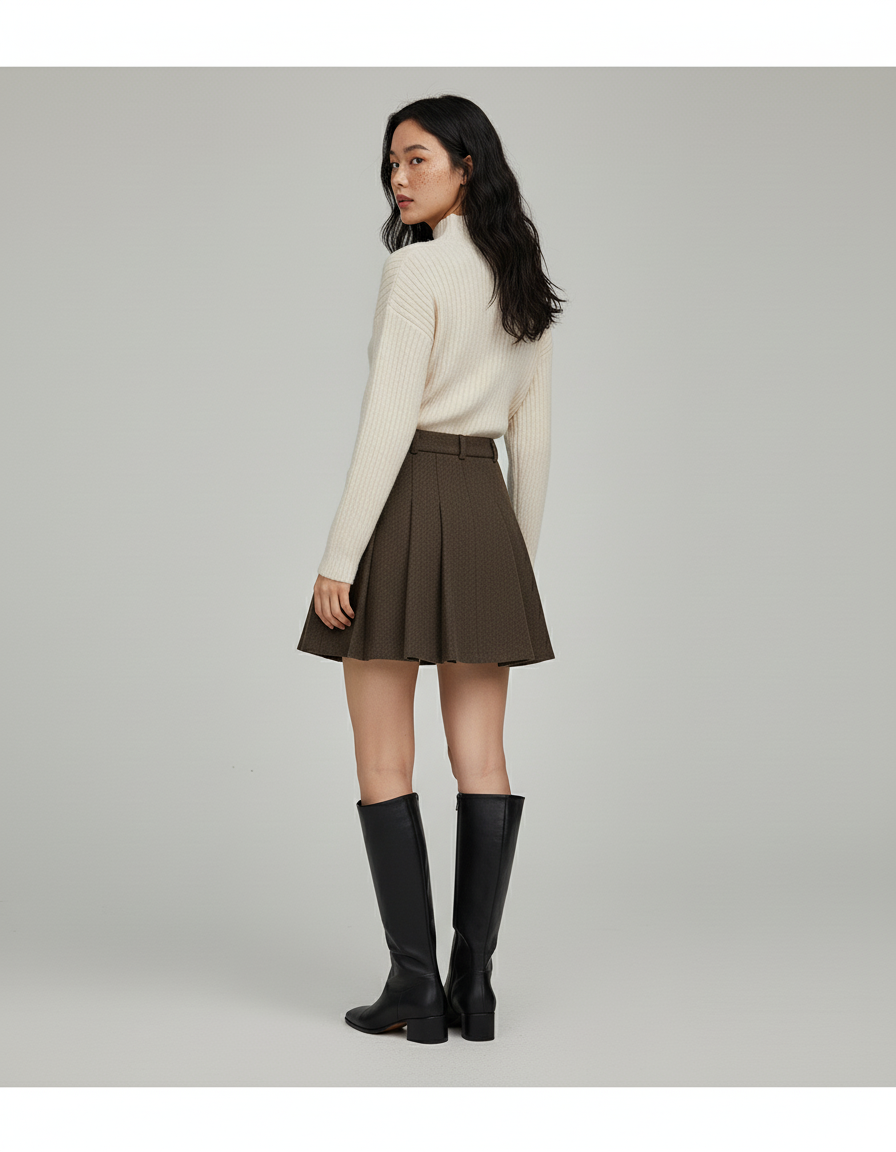 Jupe Patineuse Plissée Marron Chic