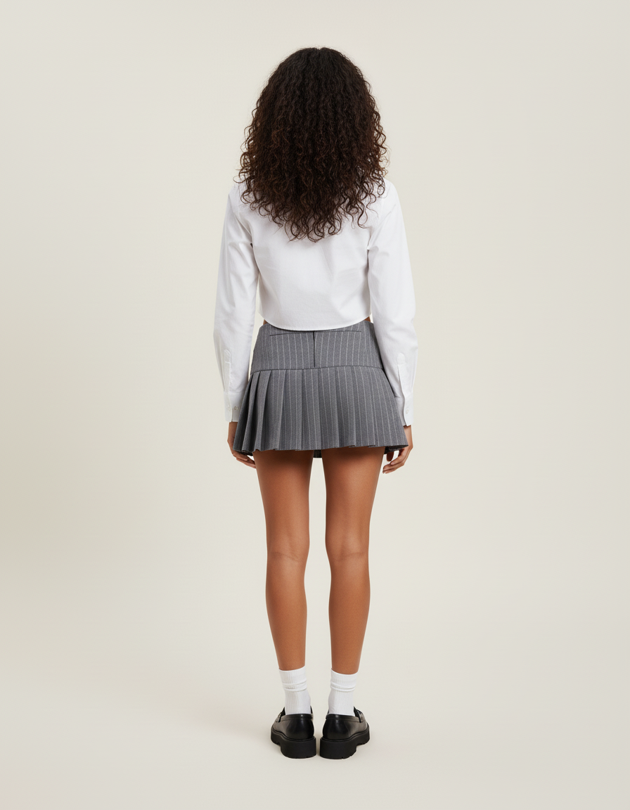 Jupe Patineuse Grise Rayée Plissée Chic