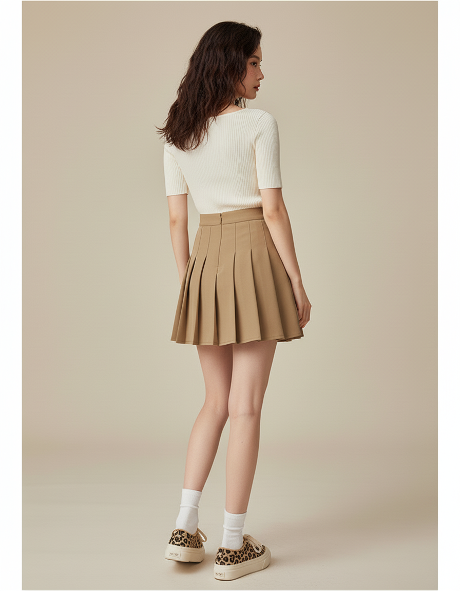Jupe Patineuse Plissée Beige Preppy