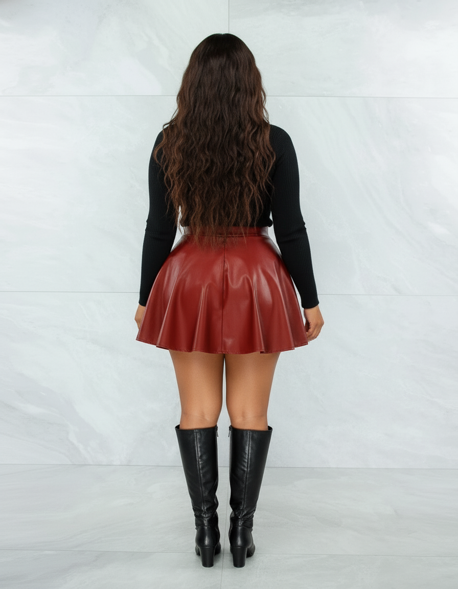 Jupe Patineuse Simili Cuir Bordeaux