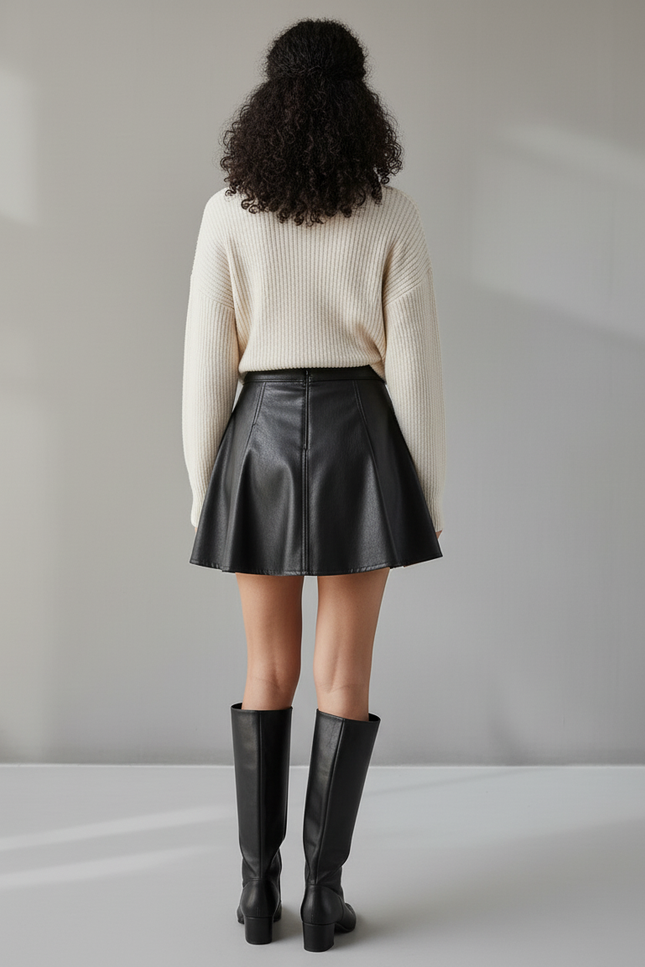 Jupe Patineuse Cuir Noir Plissée