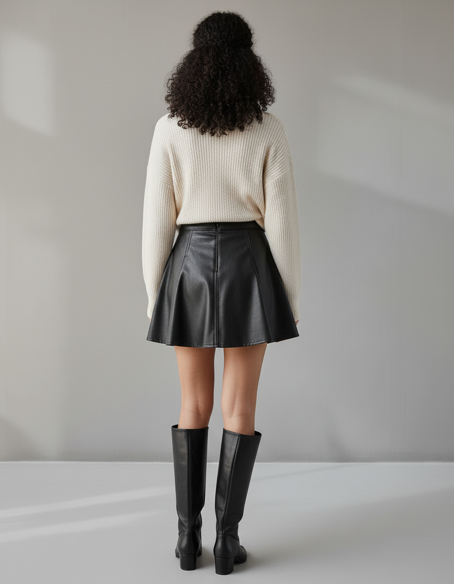 Jupe Patineuse Cuir Noir Plissée