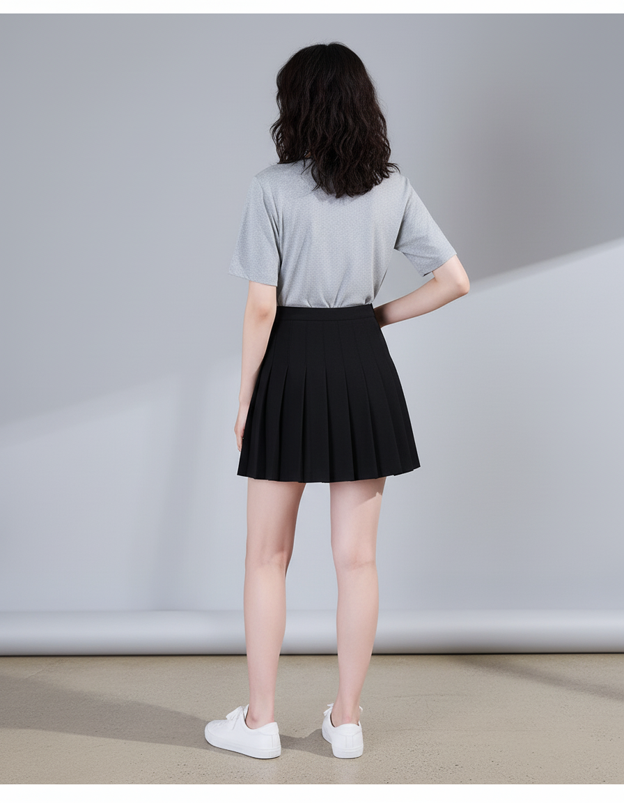 Jupe Patineuse Noire Plissée Décontractée Quotidienne