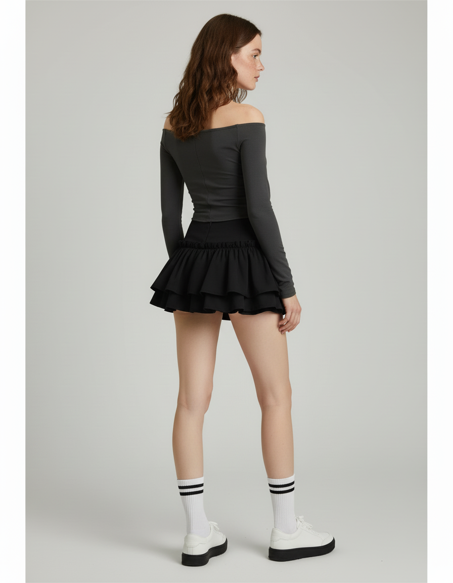 Jupe Patineuse Noire À Volants Chic