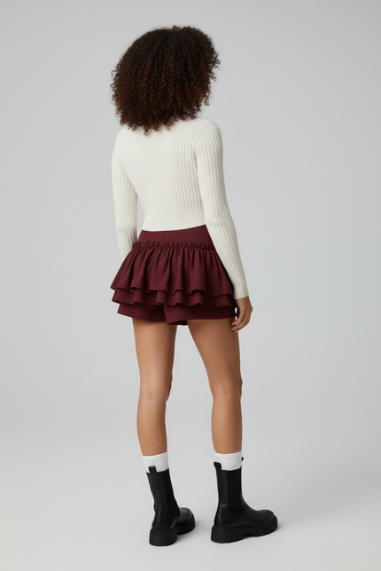 Jupe Patineuse Bordeaux Volants Fluide