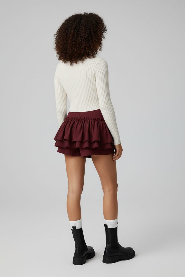 Jupe Patineuse Bordeaux Volants Fluide