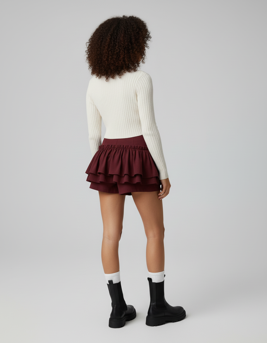 Jupe Patineuse Bordeaux Volants Fluide