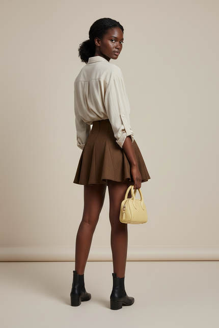 Jupe Patineuse Velours Plissée Marron Chic