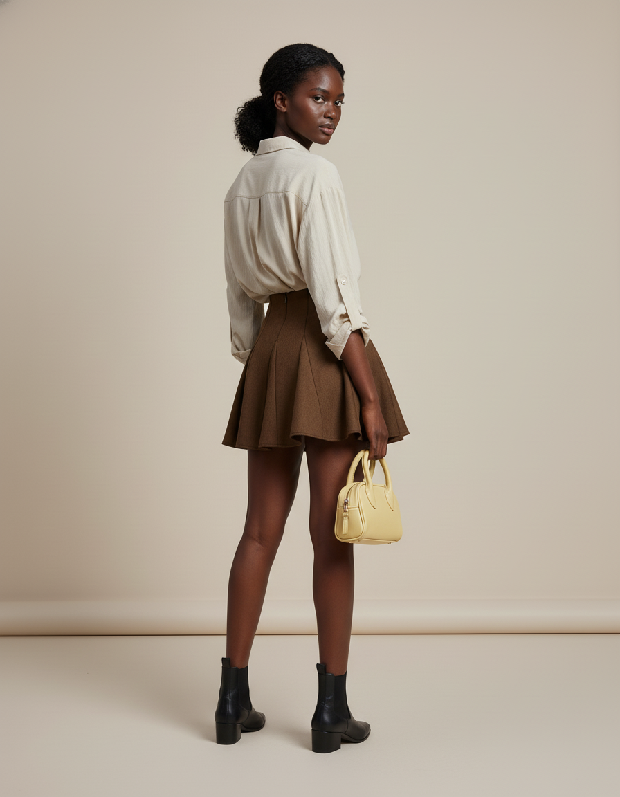 Jupe Patineuse Velours Plissée Marron Chic