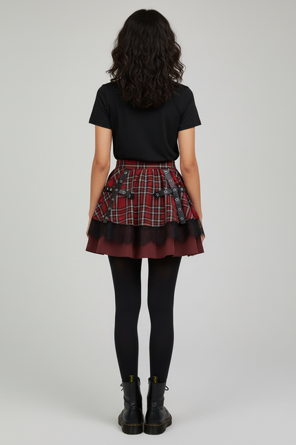 Jupe Patineuse Plaid Dentelle Plissée Chic
