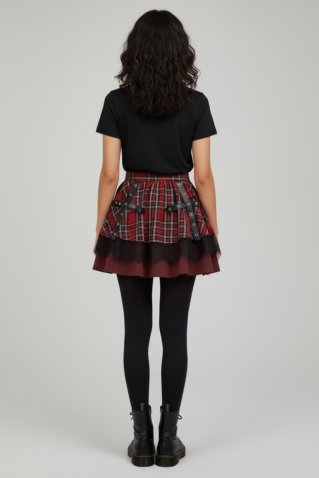 Jupe Patineuse Plaid Dentelle Plissée Chic