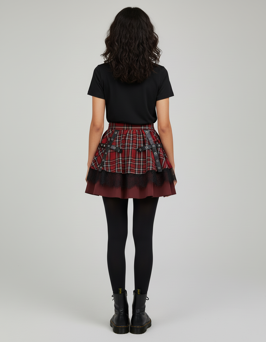 Jupe Patineuse Plaid Dentelle Plissée Chic