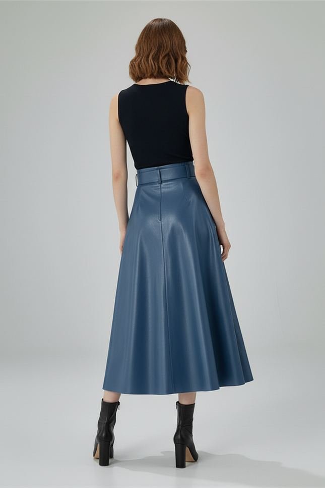 Jupe Patineuse Longue Similicuir Bleue Élégante