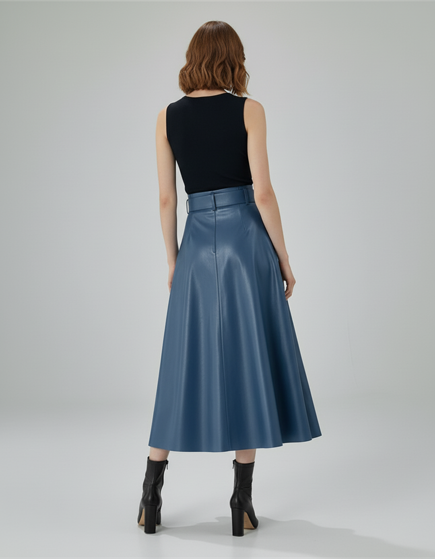 Jupe Patineuse Longue Similicuir Bleue Élégante