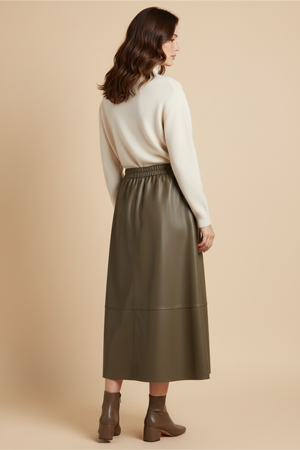 Jupe Patineuse Vert Kaki Similicuir Élégante