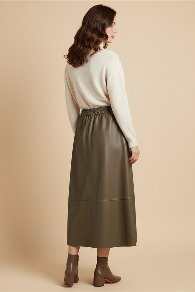 Jupe Patineuse Vert Kaki Similicuir Élégante