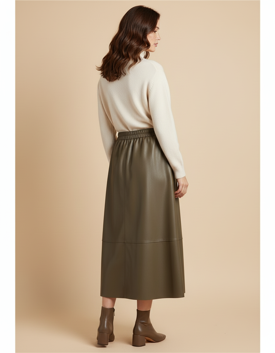 Jupe Patineuse Vert Kaki Similicuir Élégante