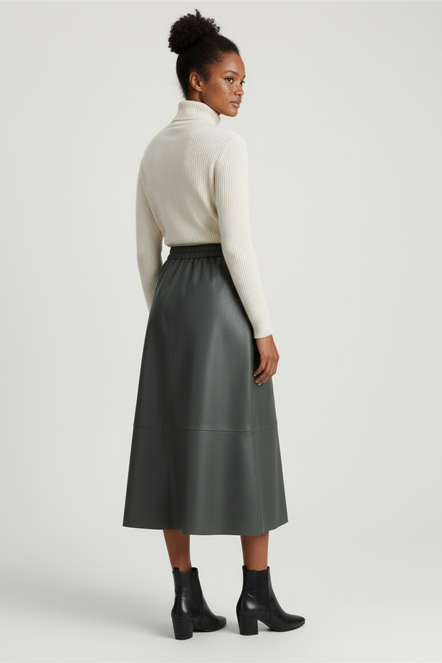 Jupe Patineuse Simili Cuir Gris-Vert Élégante
