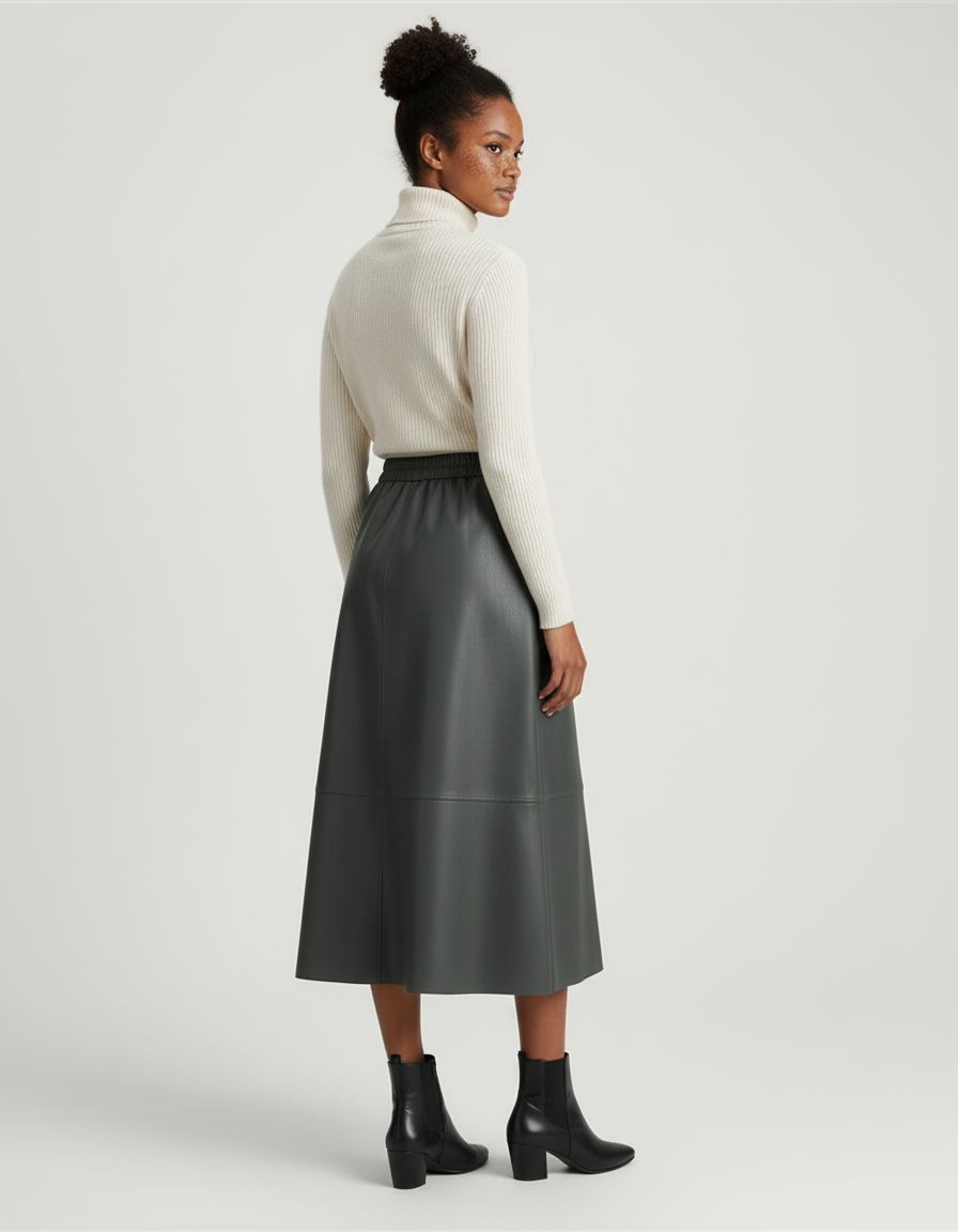 Jupe Patineuse Simili Cuir Gris-Vert Élégante