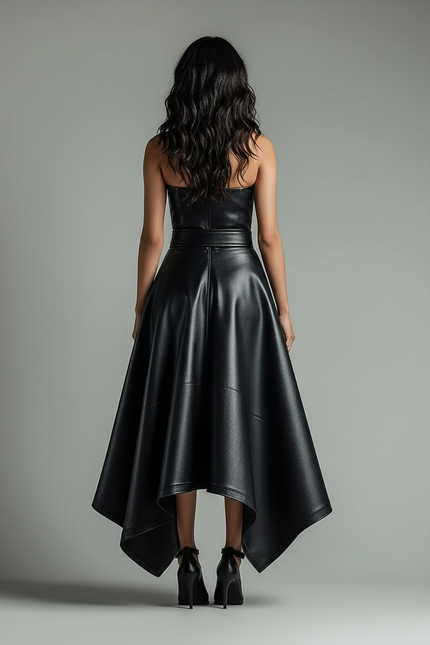Jupe Patineuse Noire Similicuir Asymétrique Élégante