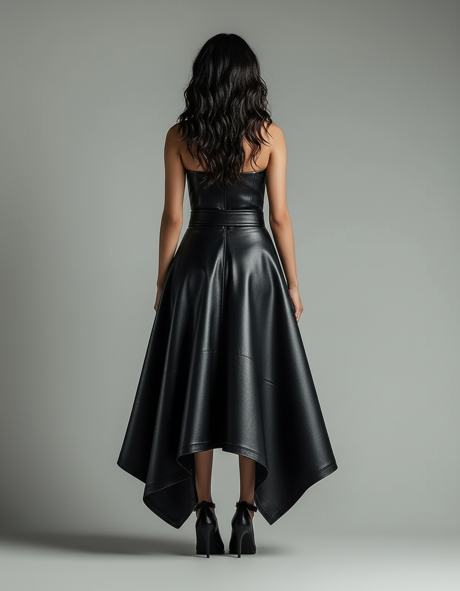 Jupe Patineuse Noire Similicuir Asymétrique Élégante