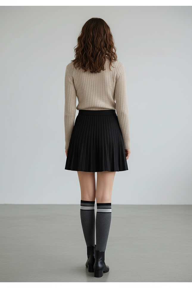 Jupe Patineuse Noire Plissée Décontractée