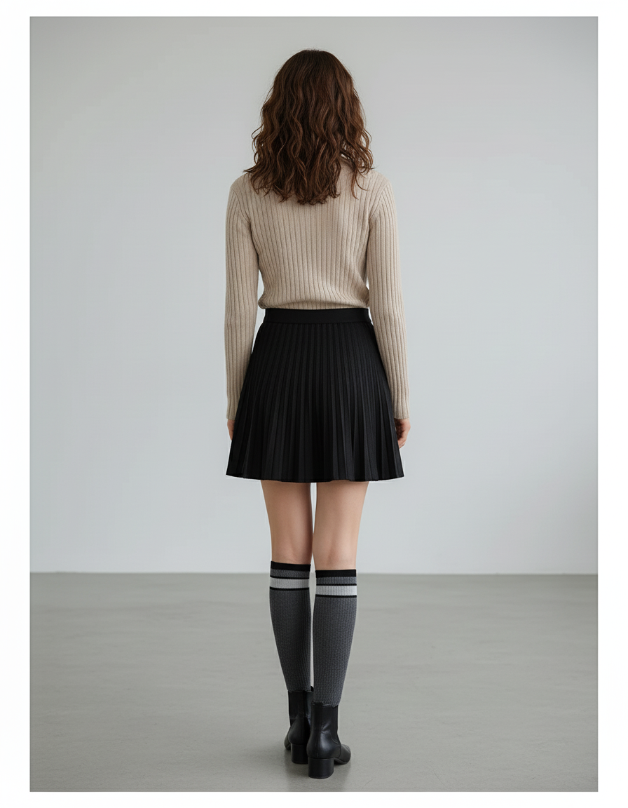 Jupe Patineuse Noire Plissée Décontractée