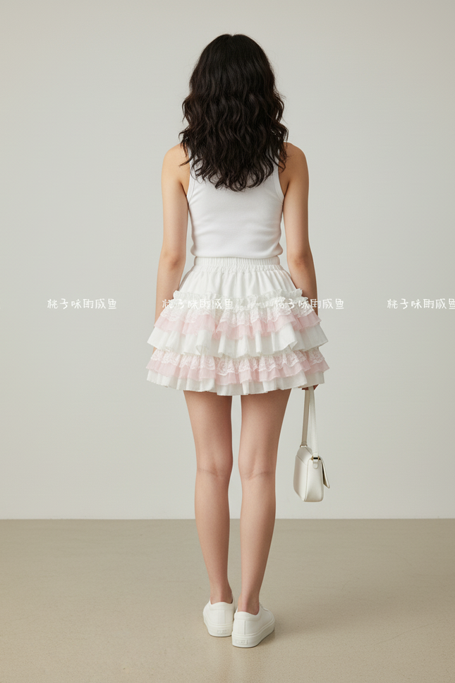 Jupe Patineuse Blanc Rose Volants Fluide