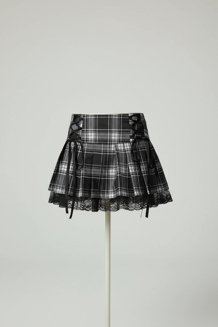 Jupe Patineuse Carreaux Dentelle Plissée