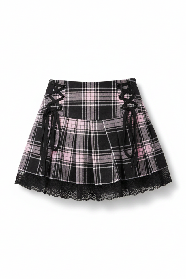 Jupe Patineuse Plaid Lacée Gothique