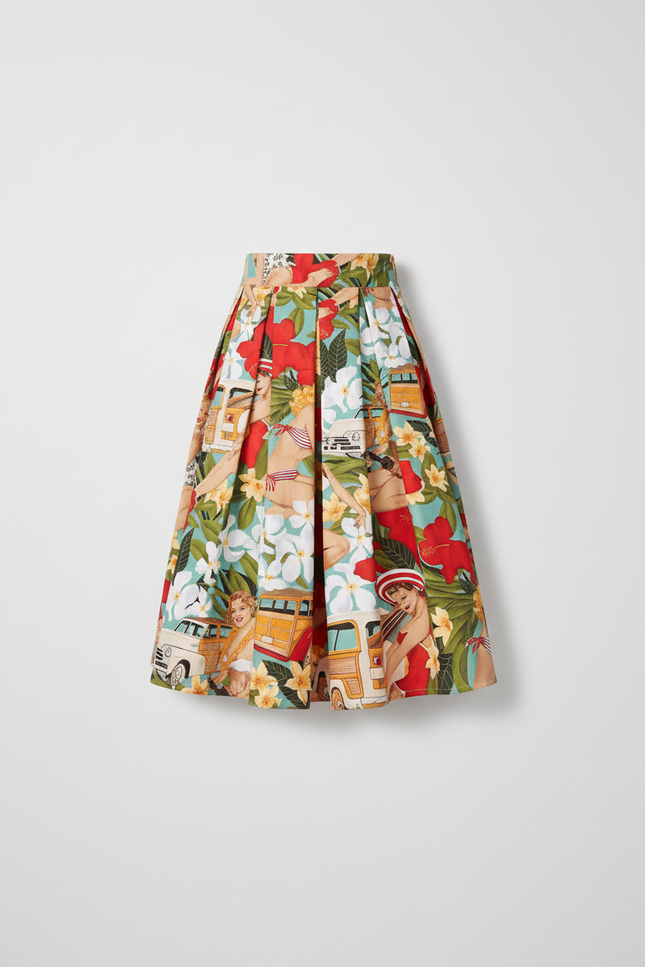 Jupe Patineuse Imprimée Tropicale Plissée Rétro