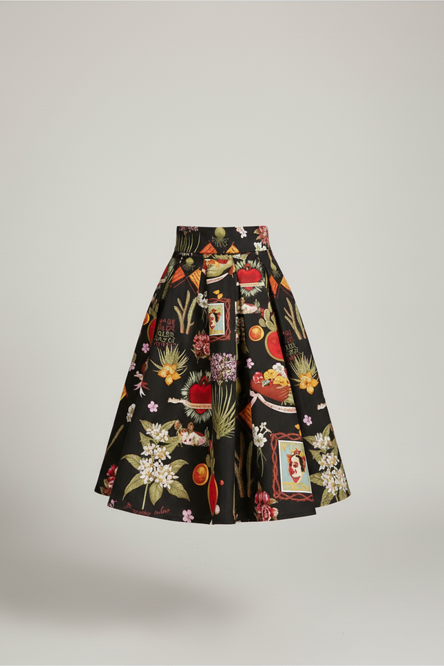 Jupe Patineuse Noire Imprimée Artistique Plissée Vintage