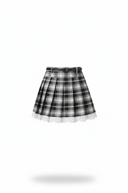 Jupe Patineuse Plaid Dentelle Plissée