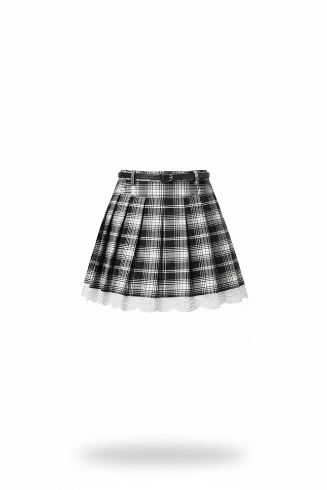 Jupe Patineuse Plaid Dentelle Plissée
