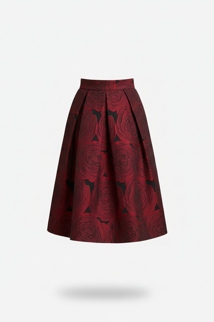 Jupe Patineuse Motif Roses Plissée Élégante