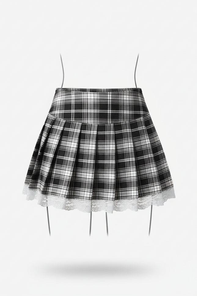 Jupe Patineuse Carreaux Dentelle Plissée Romantique