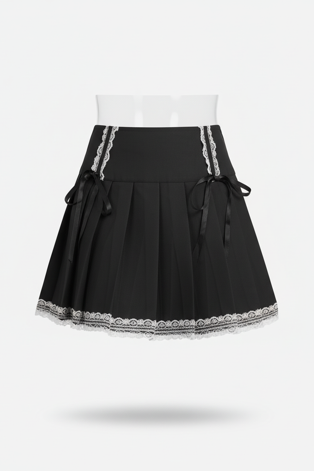 Jupe Patineuse Noire À Dentelle Plissée