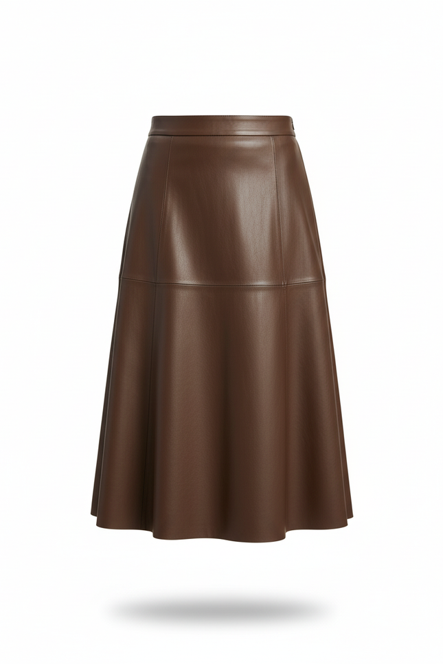 Jupe Patineuse Cuir Marron Évasée Élégante