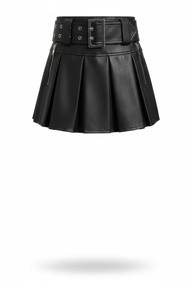 Jupe Patineuse Simili Cuir Ceinturée Chic