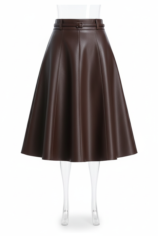 Jupe Patineuse Marron Similicuir Plissée