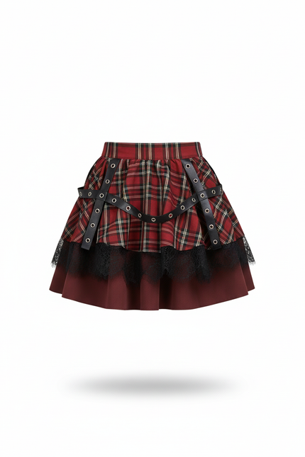 Jupe Patineuse Plaid Dentelle Plissée Chic
