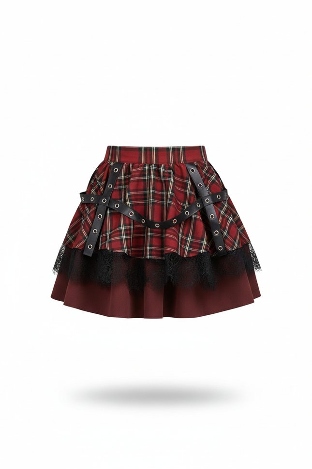 Jupe Patineuse Plaid Dentelle Plissée Chic