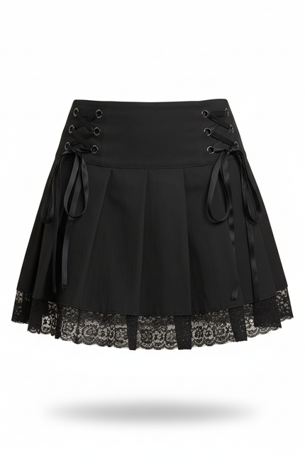 Jupe Patineuse Noire Laçage Plissée