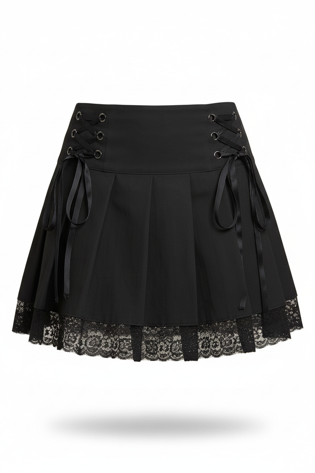 Jupe Patineuse Noire Laçage Plissée