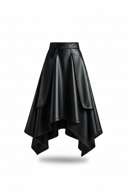 Jupe Patineuse Noire Similicuir Asymétrique Élégante
