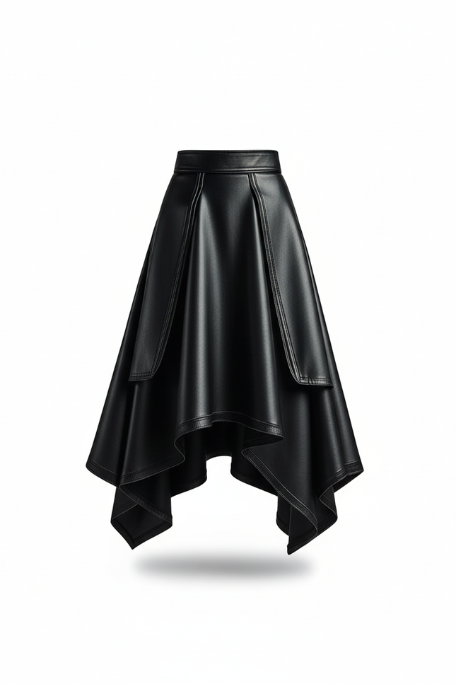 Jupe Patineuse Noire Similicuir Asymétrique Élégante